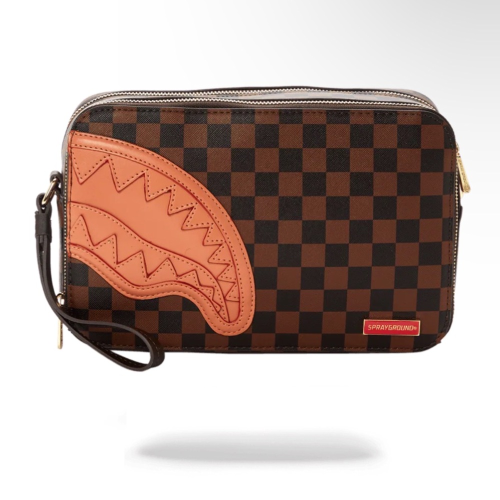 Sprayground Brown and Tan Checkered Toiletry Bag